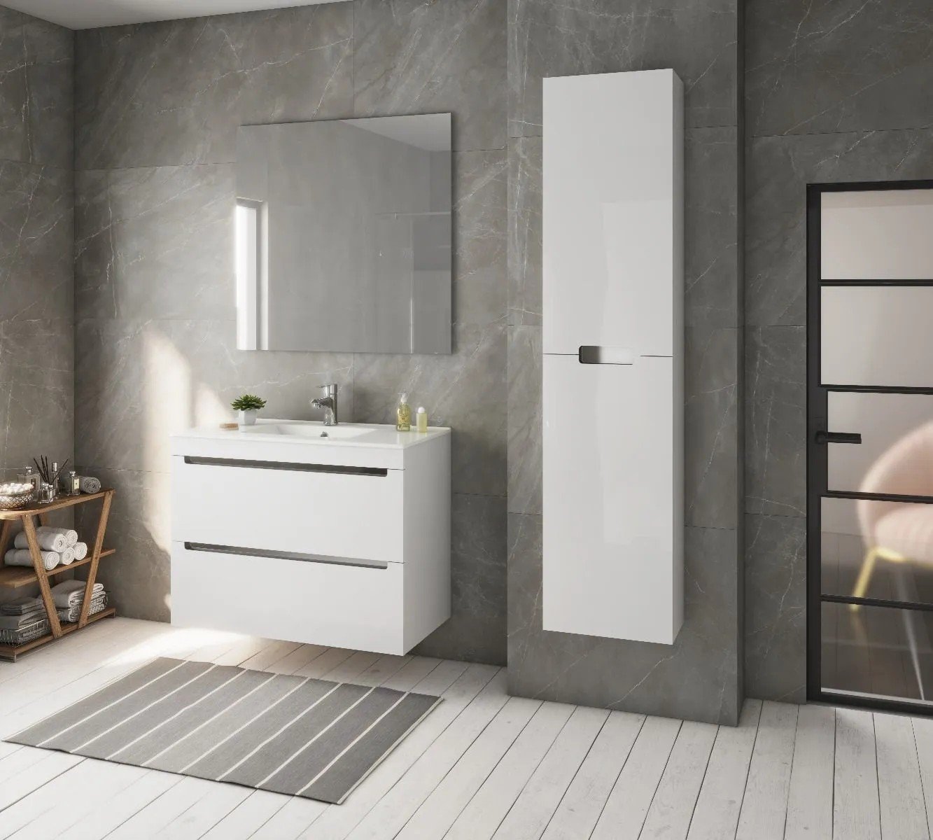 Mueble de baño suspendido blanco con columna auxiliar sobre pared de porcelánico